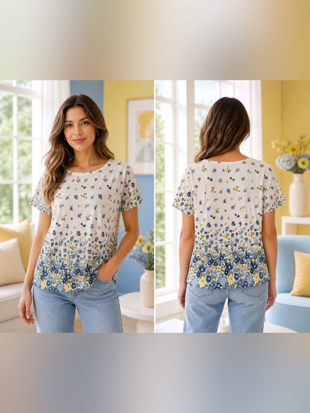 Katie Clothing Co Cream Floral Border Short Sleeve Tee with Blue & Yellow Blooms